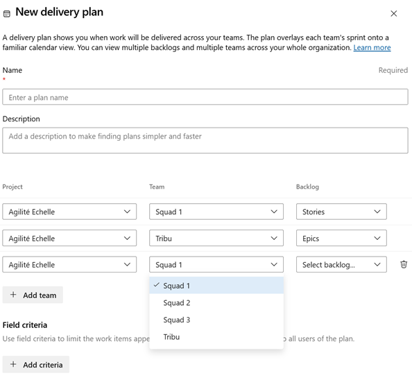 Préciser les projets, les équipes et les backlogs lors de la création d’un plan de livraison Azure Boards